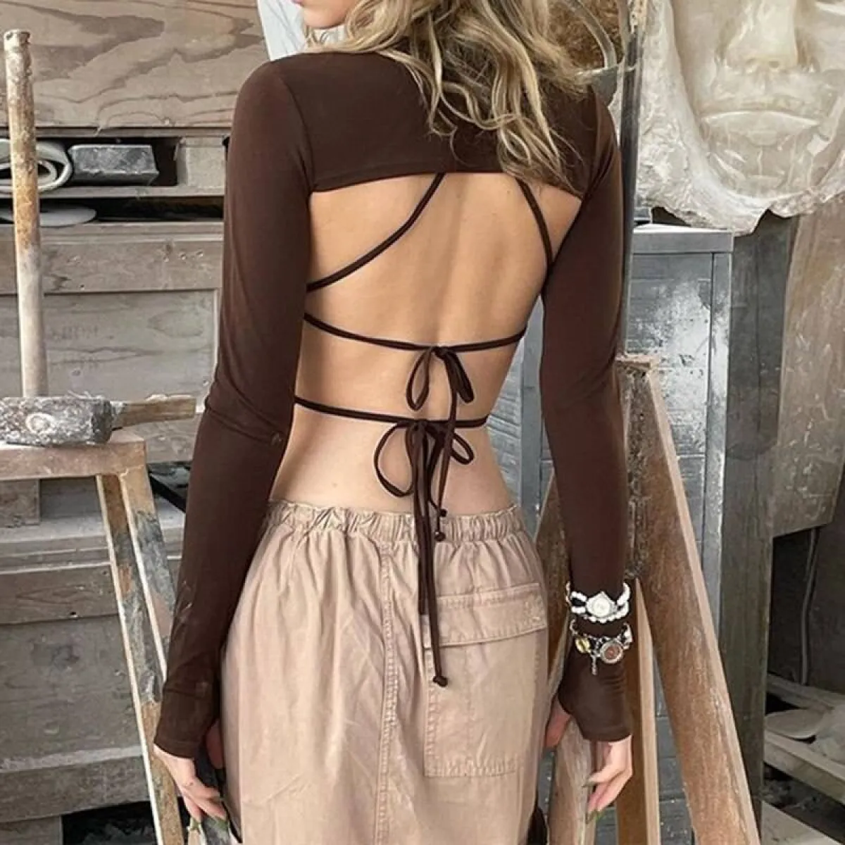 Backless Long Sleeve Crop Tops - Image 23