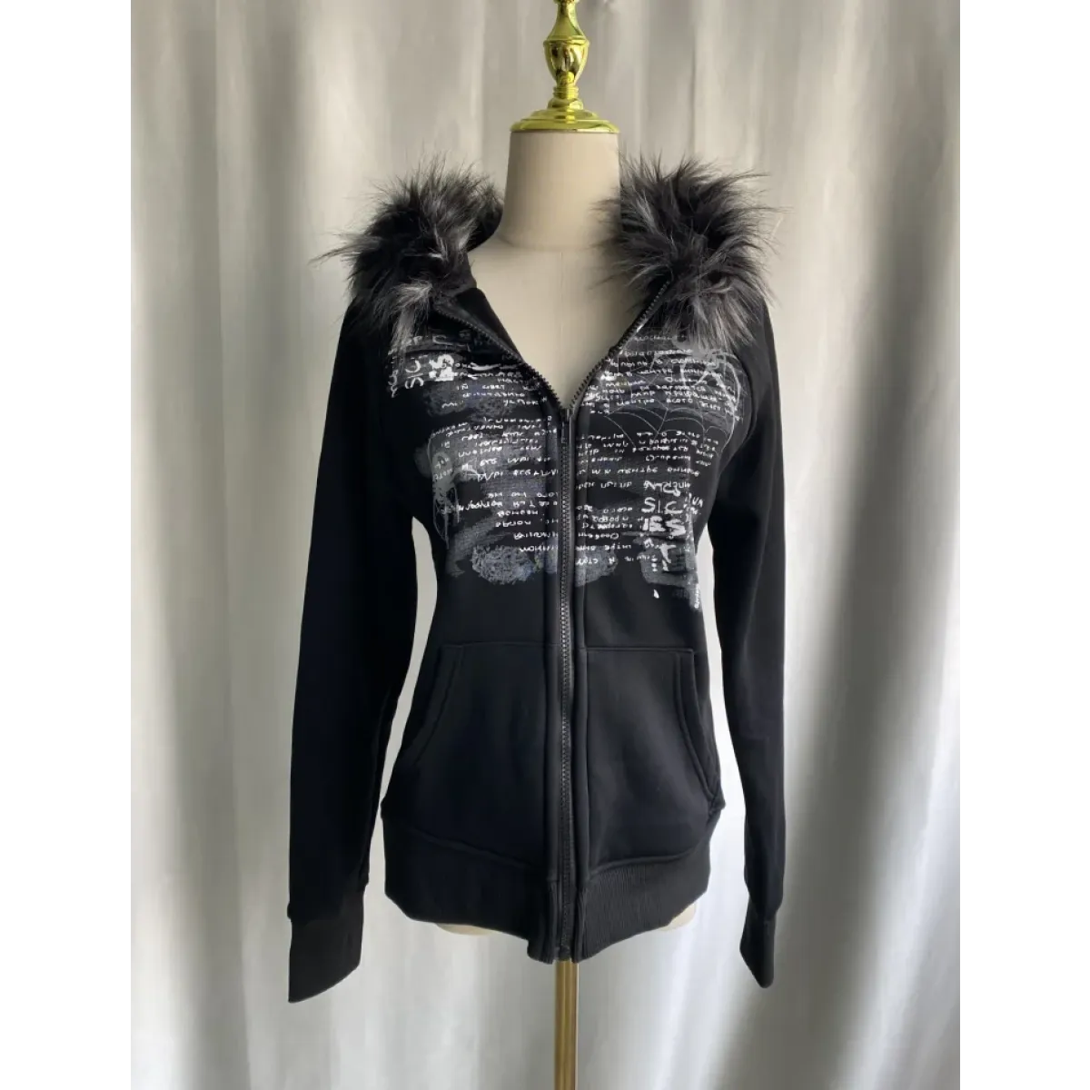 Black Gothic Grunge Fur Hooded Jacket - Image 5