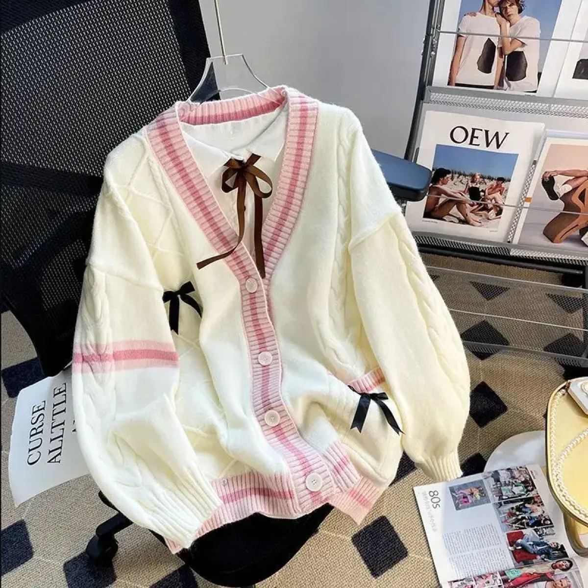 Bow Knit Cardigan – Kawaii Preppy Lolita Sweater - Image 5