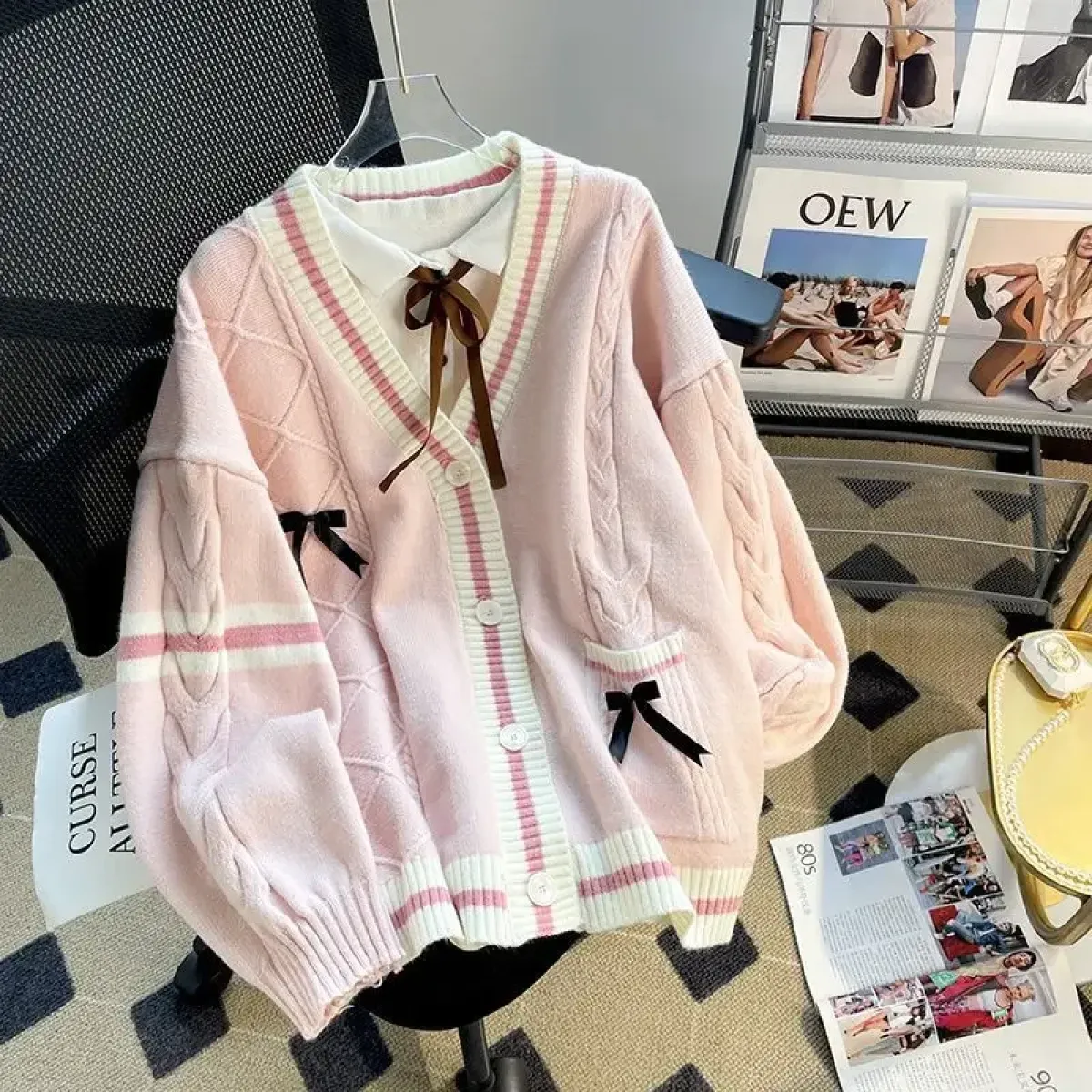 Bow Knit Cardigan – Kawaii Preppy Lolita Sweater - Image 9