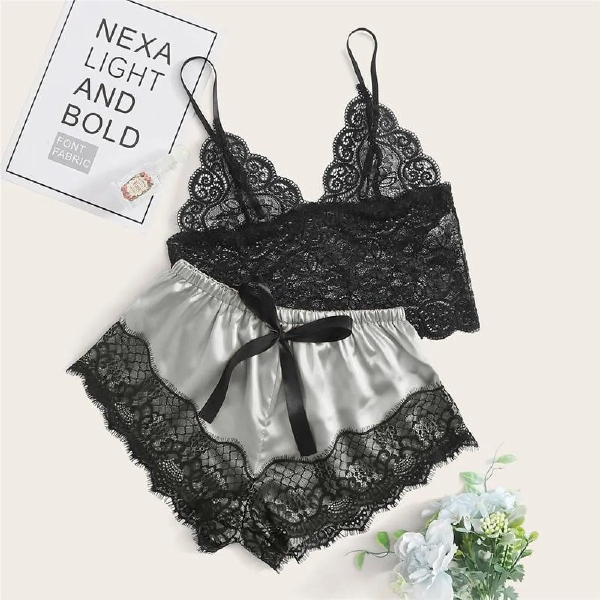 Floral Lace Bralette with Satin Shorts Set for Women - Image 5