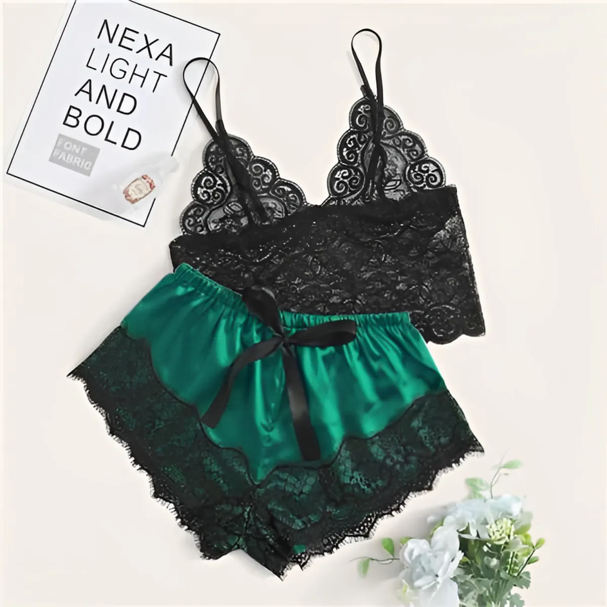 Floral Lace Bralette with Satin Shorts Set for Women - Image 6