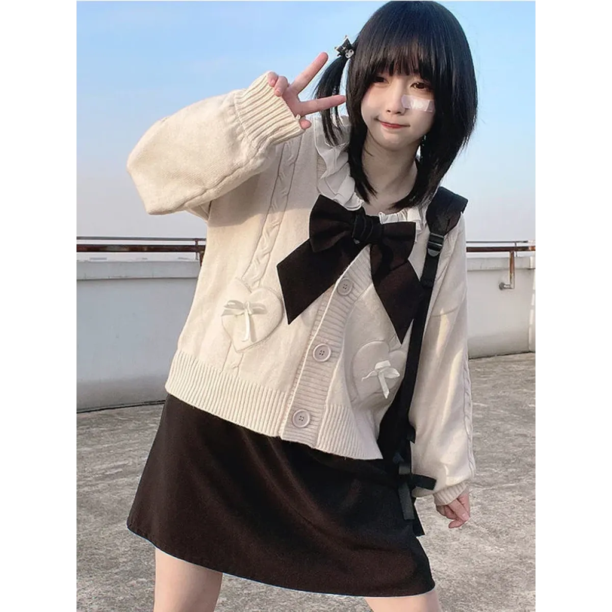 Kawaii Knitted Cardigan – Women's Heart Pocket Bow Sweater - Image 3