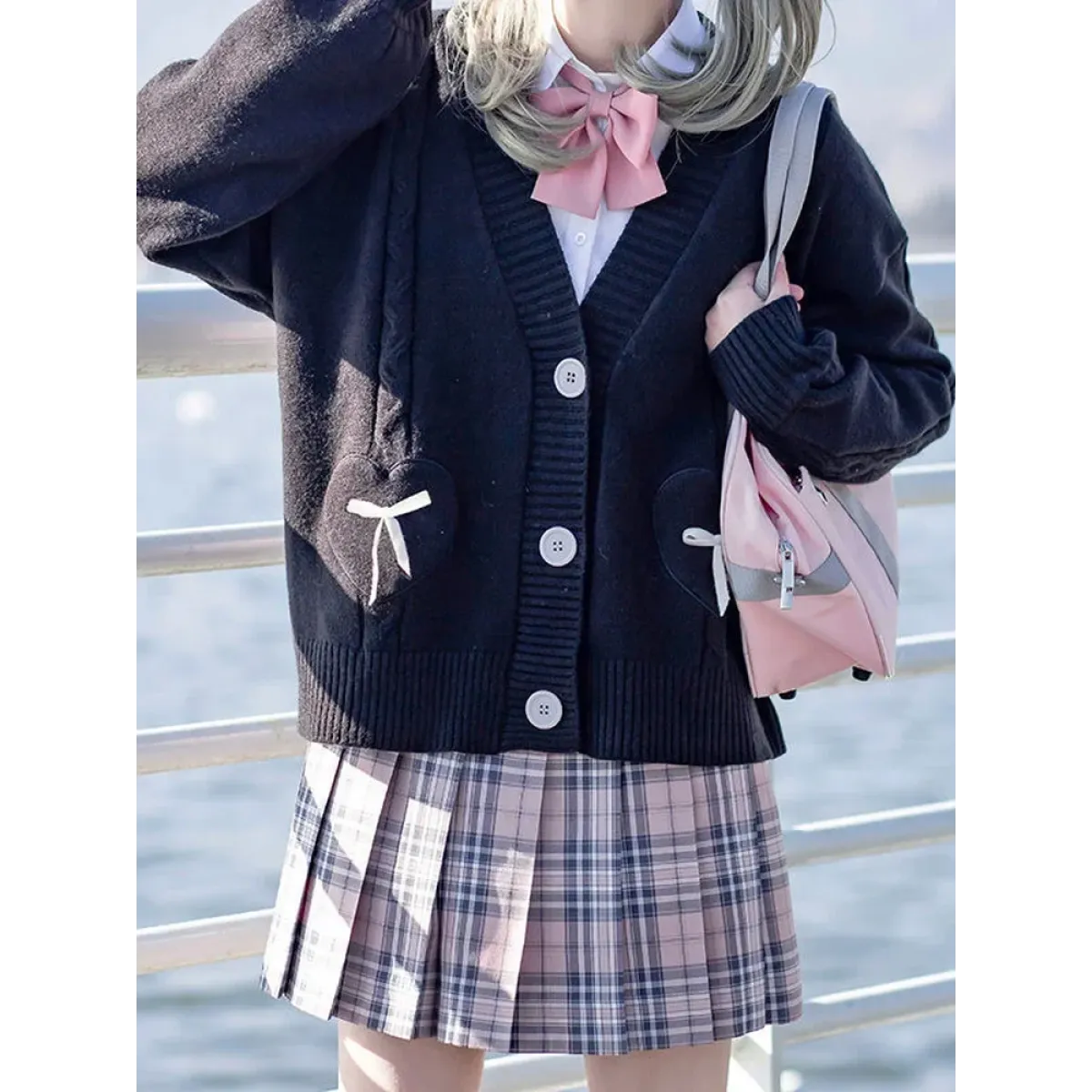 Kawaii Knitted Cardigan – Women's Heart Pocket Bow Sweater - Image 4