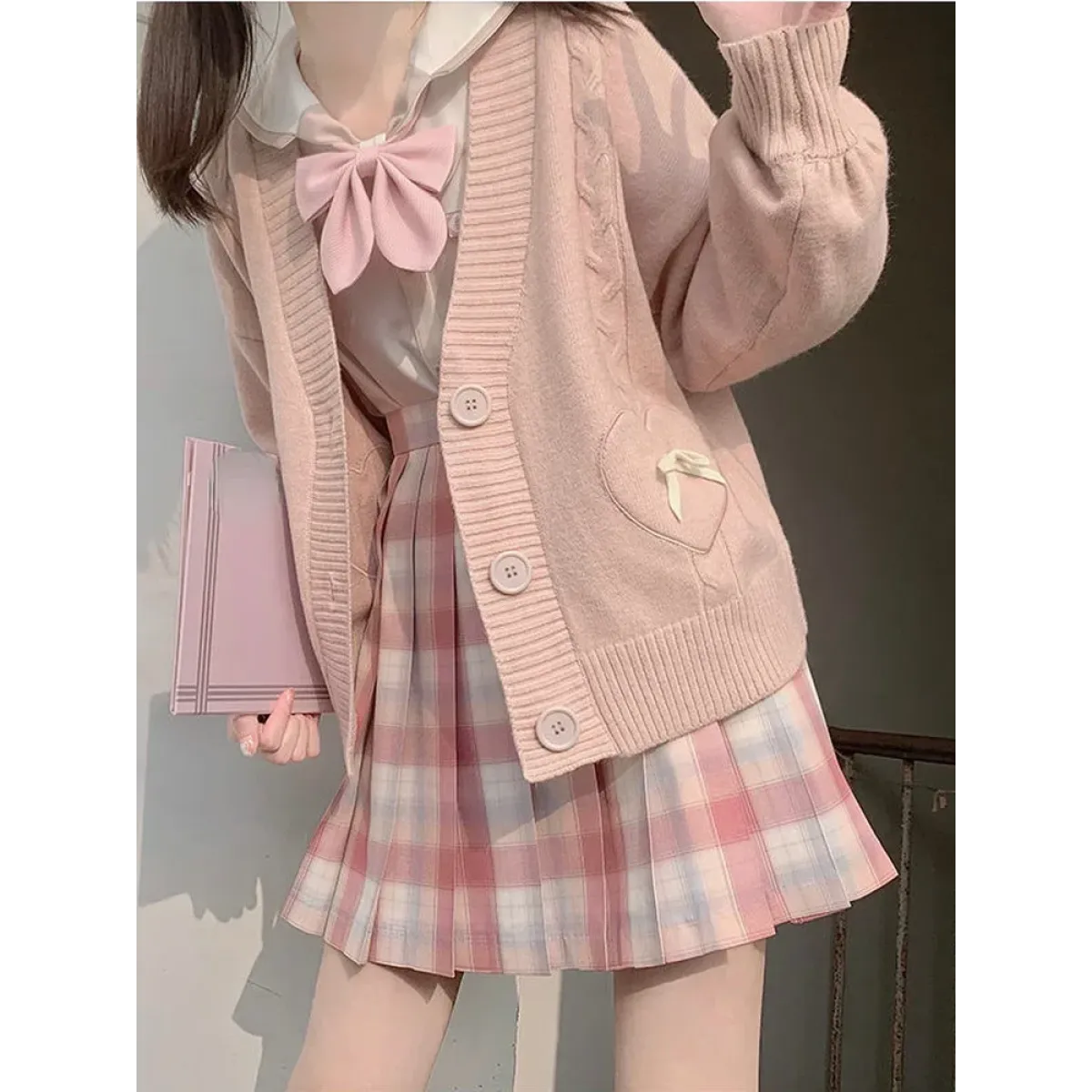 Kawaii Knitted Cardigan – Women's Heart Pocket Bow Sweater - Image 6