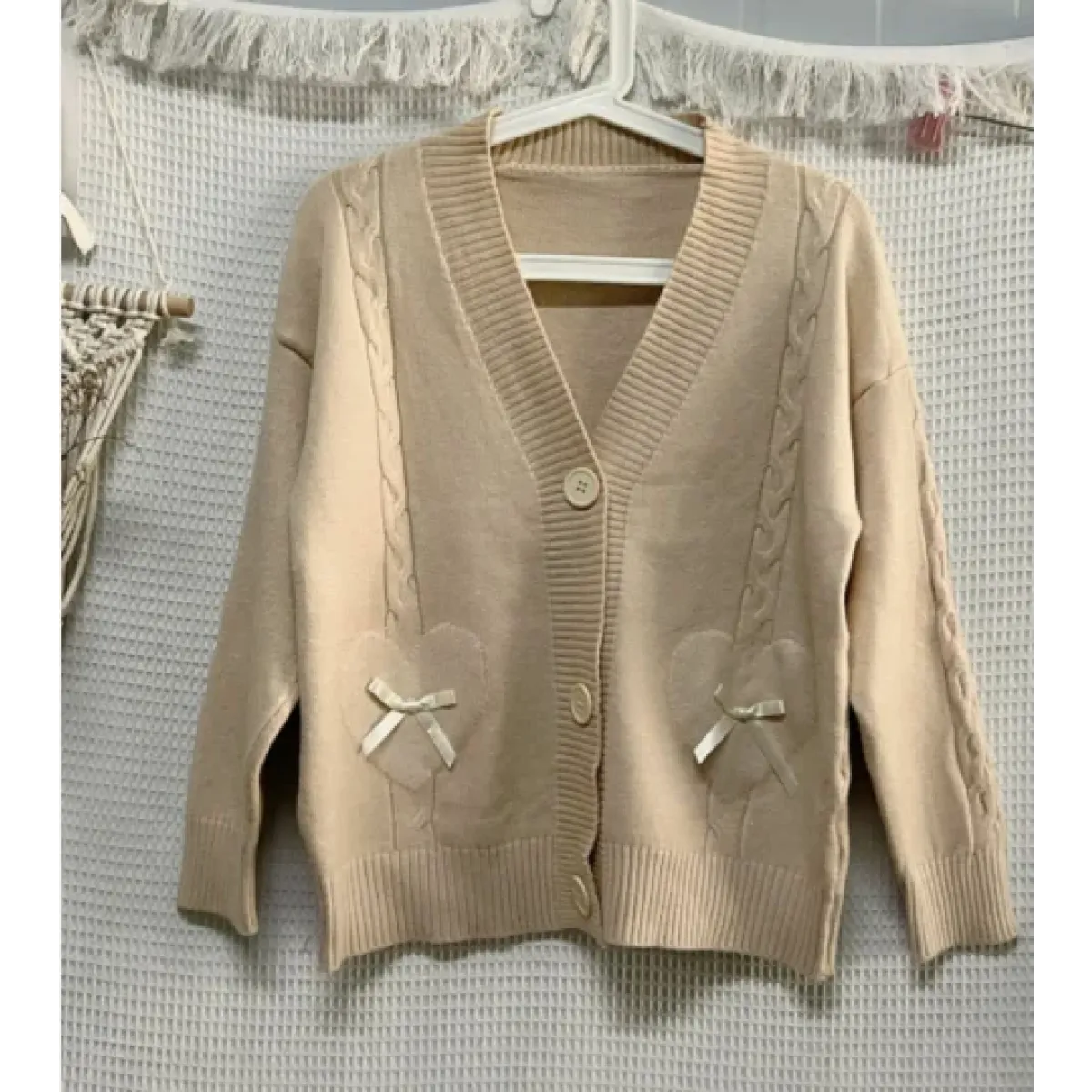 Kawaii Knitted Cardigan – Women's Heart Pocket Bow Sweater - Image 8