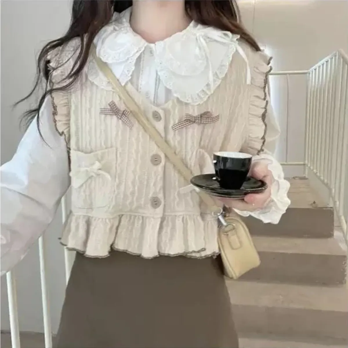 Kawaii Lolita Ruffle Knit Sweater Vest - Japanese Bow Cardigan - Image 4