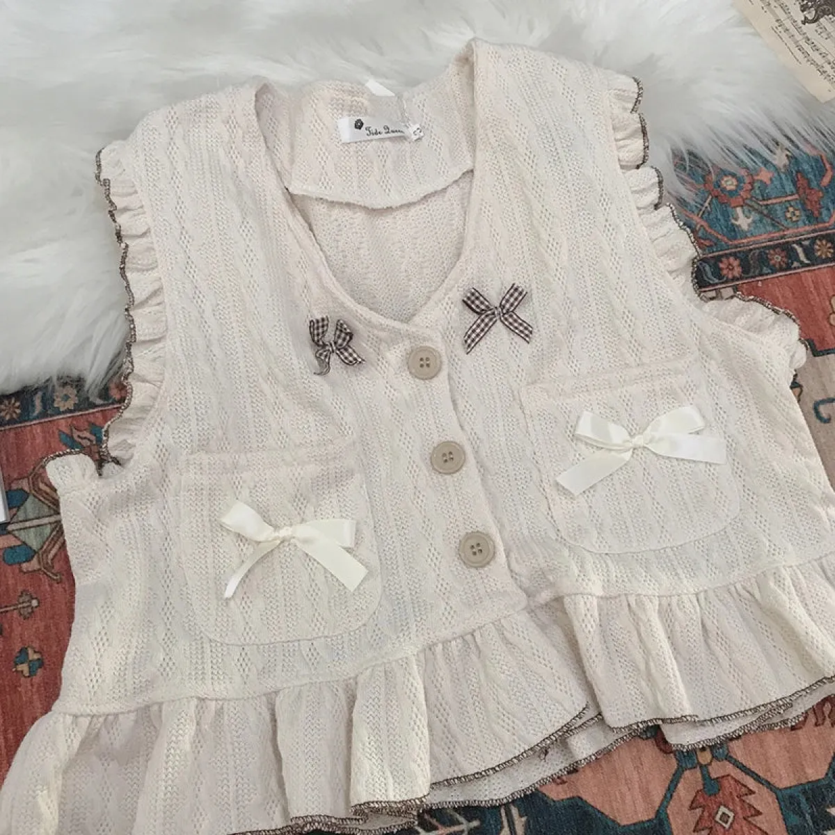 Kawaii Lolita Ruffle Knit Sweater Vest - Japanese Bow Cardigan - Image 6