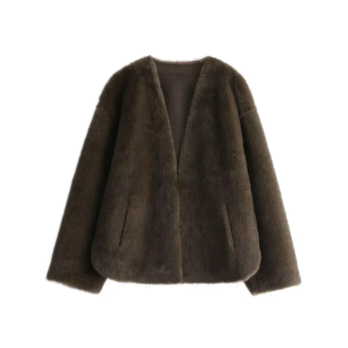 Plush V-Neck Loose Fit Jacket - Image 3