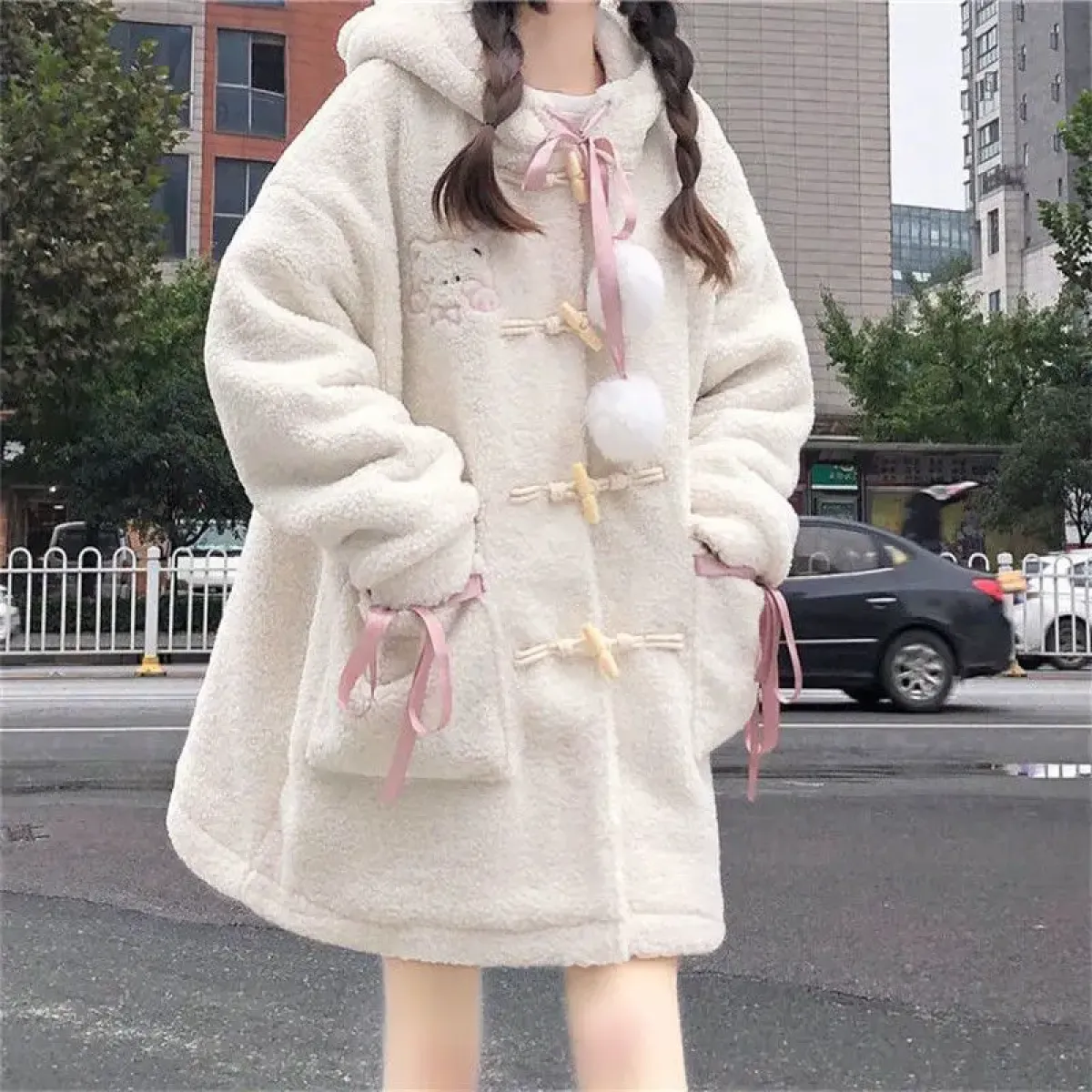 Winter Teddy Coat Women’s Oversized Hooded Jacket with Bows and Pockets - Image 3