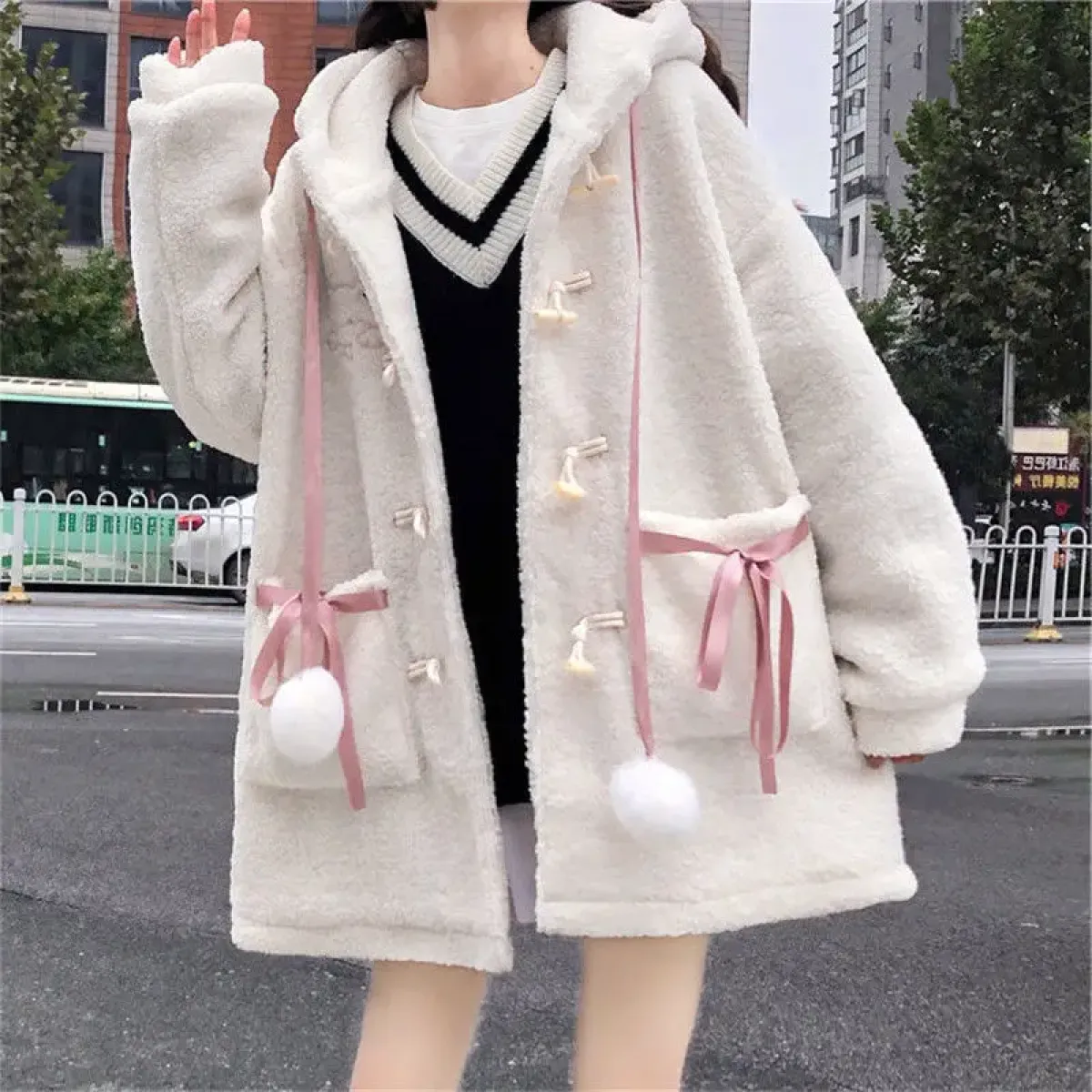 Winter Teddy Coat Women’s Oversized Hooded Jacket with Bows and Pockets - Image 4