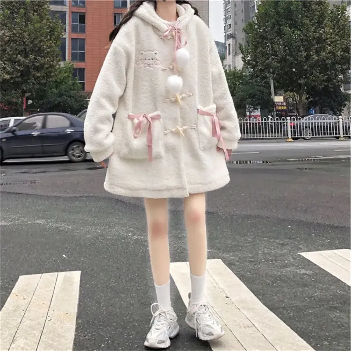 Winter Teddy Coat Women’s Oversized Hooded Jacket with Bows and Pockets - Image 6