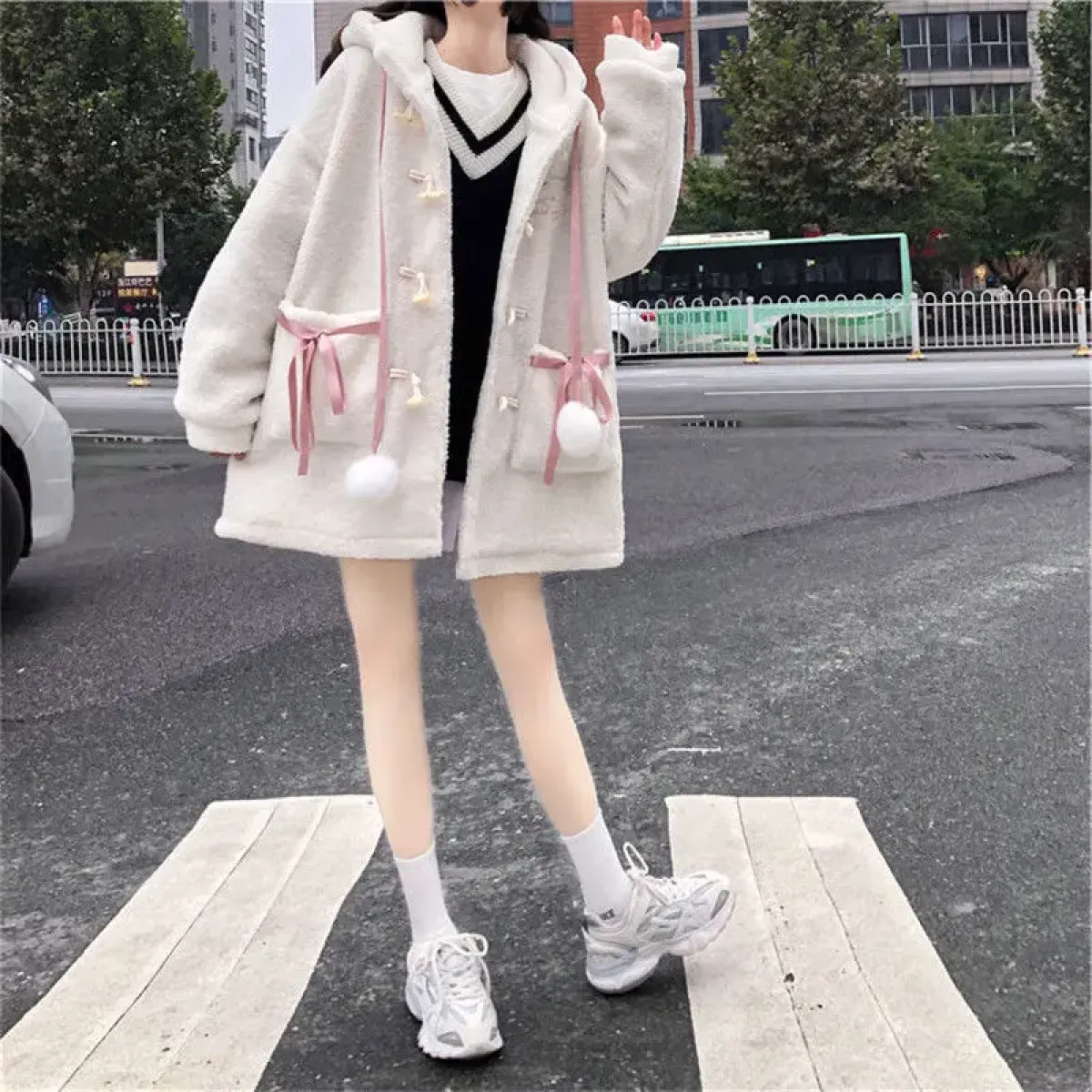 Winter Teddy Coat Women’s Oversized Hooded Jacket with Bows and Pockets - Image 7