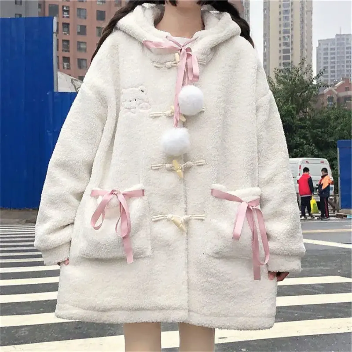 Winter Teddy Coat Women’s Oversized Hooded Jacket with Bows and Pockets - Image 8