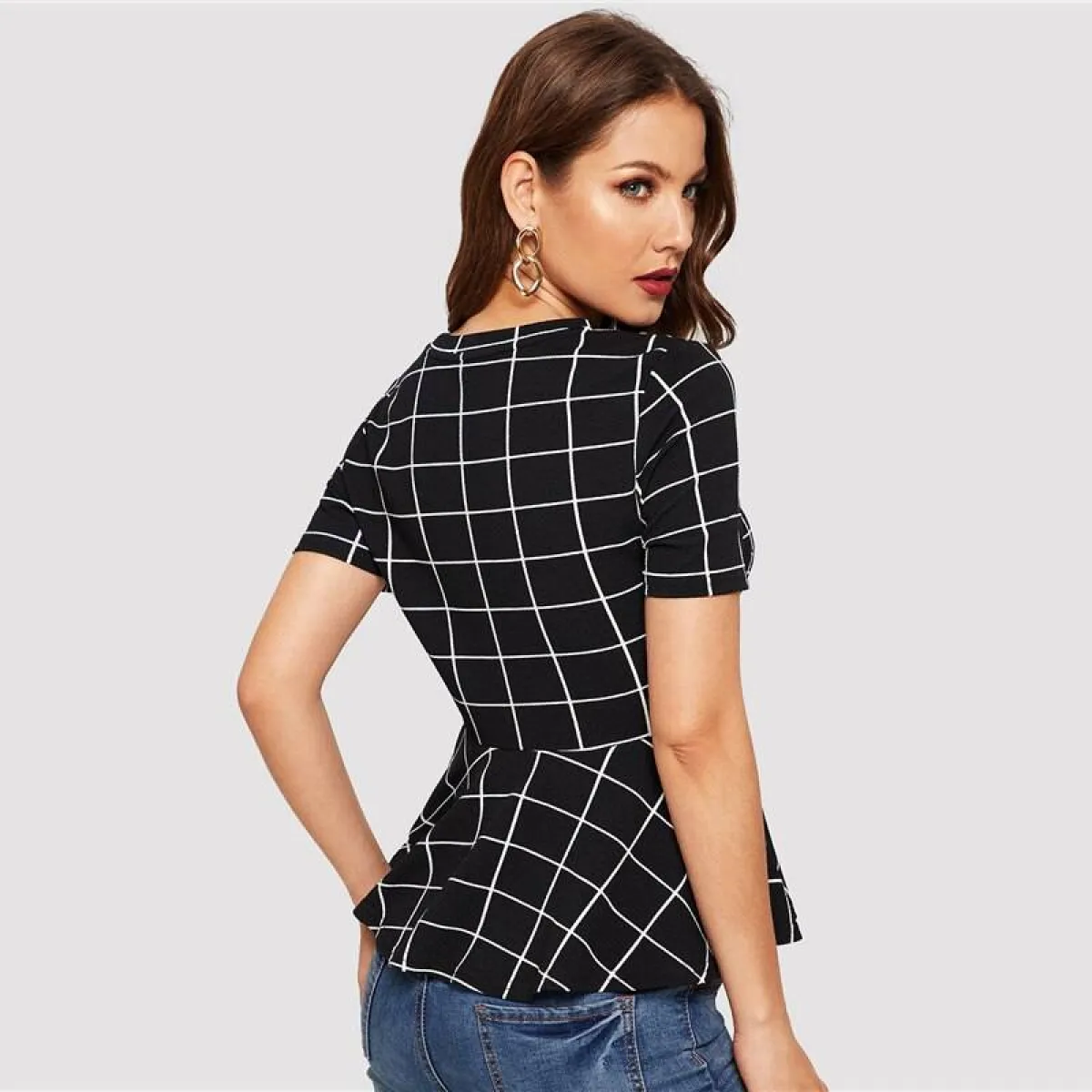 Women's Plaid Design Black Blouse - Image 3
