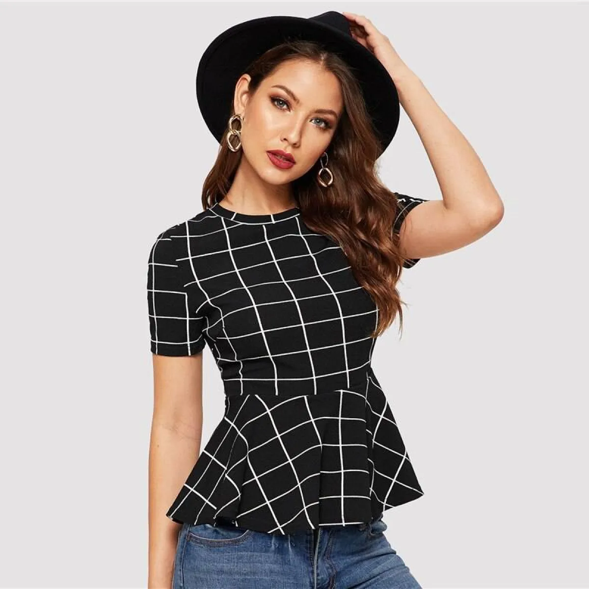 Women's Plaid Design Black Blouse - Image 4