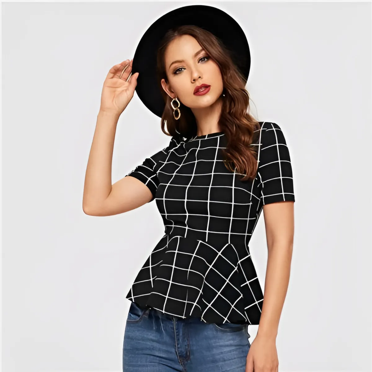 Women's Plaid Design Black Blouse - Image 6